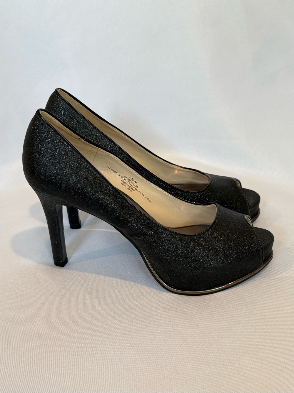 Nine West Black Glitter Peep-Toe High Heels